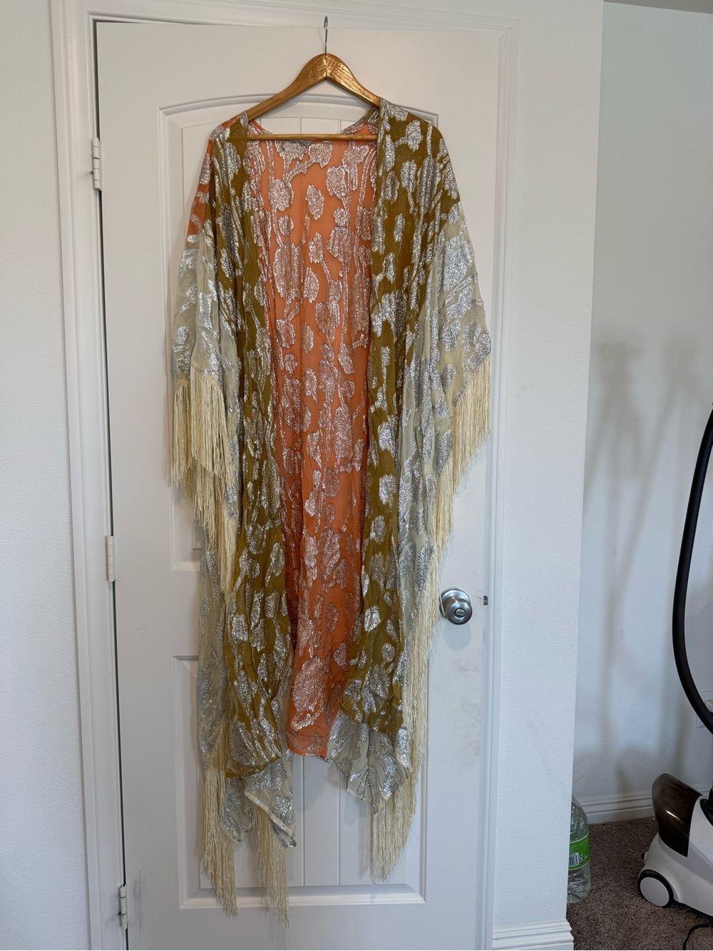 Free People Olive Green and Peach Fringe Kimono
